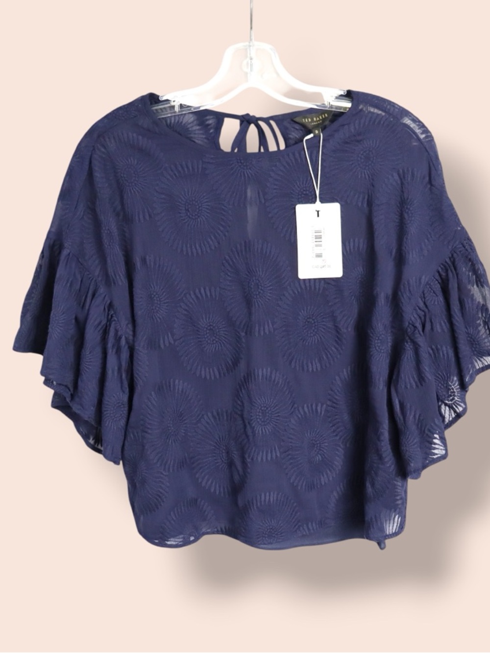 Ted Baker London Blouse Size 3 Navy Sheer Floral Textured Top NWT